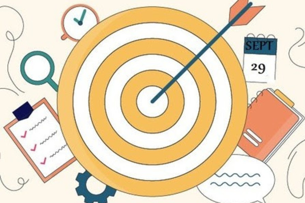 Bullseye with arrow surrounded by a calendar, clock and to-do list