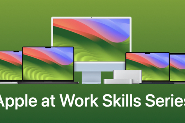 Apple at Work Skills Series illustration of a Mac desktop computer and four Macbooks