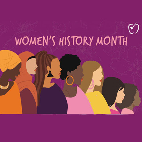 Illustration of seven women of different races, cultures and ages with the text Women's History Month.