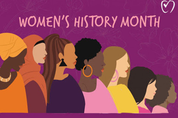 Illustration of seven women of different races, cultures and ages with the text Women's History Month.
