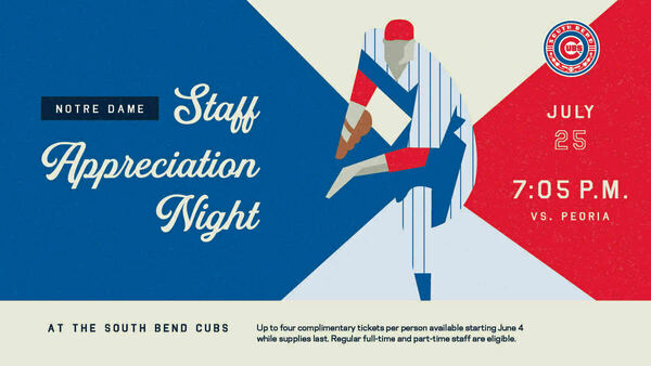 Staff Appreciation Night flyer with red, white and blue background and a cartoon of a baseball player throwing a pitch