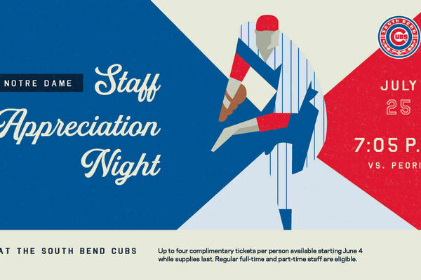 Staff Appreciation Night flyer with red, white and blue background and a cartoon of a baseball player throwing a pitch