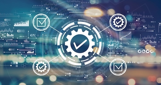 Fantastical technology background with a prominent check mark and other tech related icons