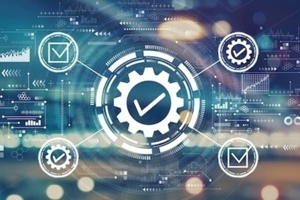 Fantastical technology background with a prominent check mark and other tech related icons