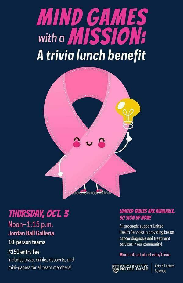 Trivia Lunch Poster featuring an anthropomorphic pink breast cancer awareness ribbon smiling and pointing to a light bulb.