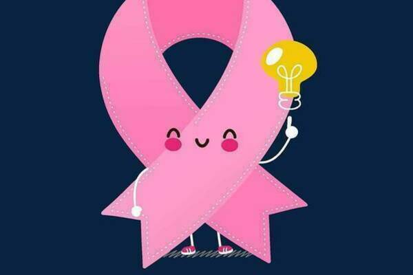 Trivia Lunch Poster featuring an anthropomorphic pink breast cancer awareness ribbon smiling and pointing to a light bulb.