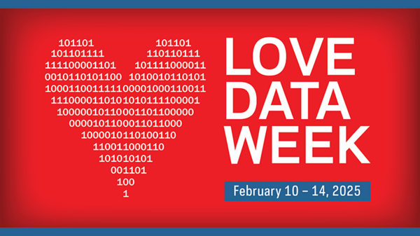 A heart formed from ones and zeroes and the headline Love Data Week, February 10-14, 2025.