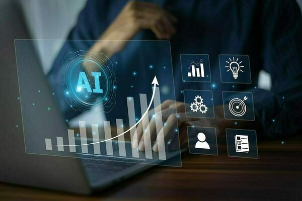 Virtual panel with multiple widgets and a graph with the prominent text "AI"