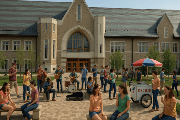 A vibrant outdoor scene in front of a large Gothic-style university building, featuring a live band performing to the left and a crowd of people scattered across the courtyard and sidewalks. An ice cream cart with a red, white, and blue umbrella stands on the right, serving ice cream to smiling individuals. People of various ages are seated on benches and ledges or standing in groups, eating ice cream, chatting, and enjoying the sunny day amid trees and a well-kept lawn.
