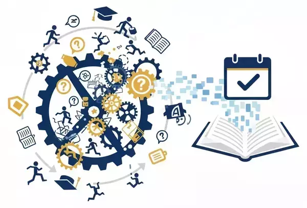 A complex gear with many moving parts being simplified into a simple course schedule