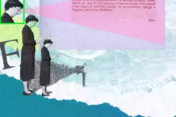 A surreal collage shows two black-and-white women in dark dresses and glasses, reading papers. They stand on a grey cityscape. Behind them, a man operates equipment. The background is a mix of abstract textures in pink, purple, green, and blue, with old text visible.